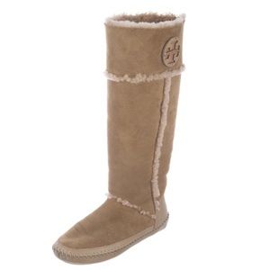 Tory Burch Tall Suede Moccasin Boots Sherling Tan Cream size 6 Amelie WARM!